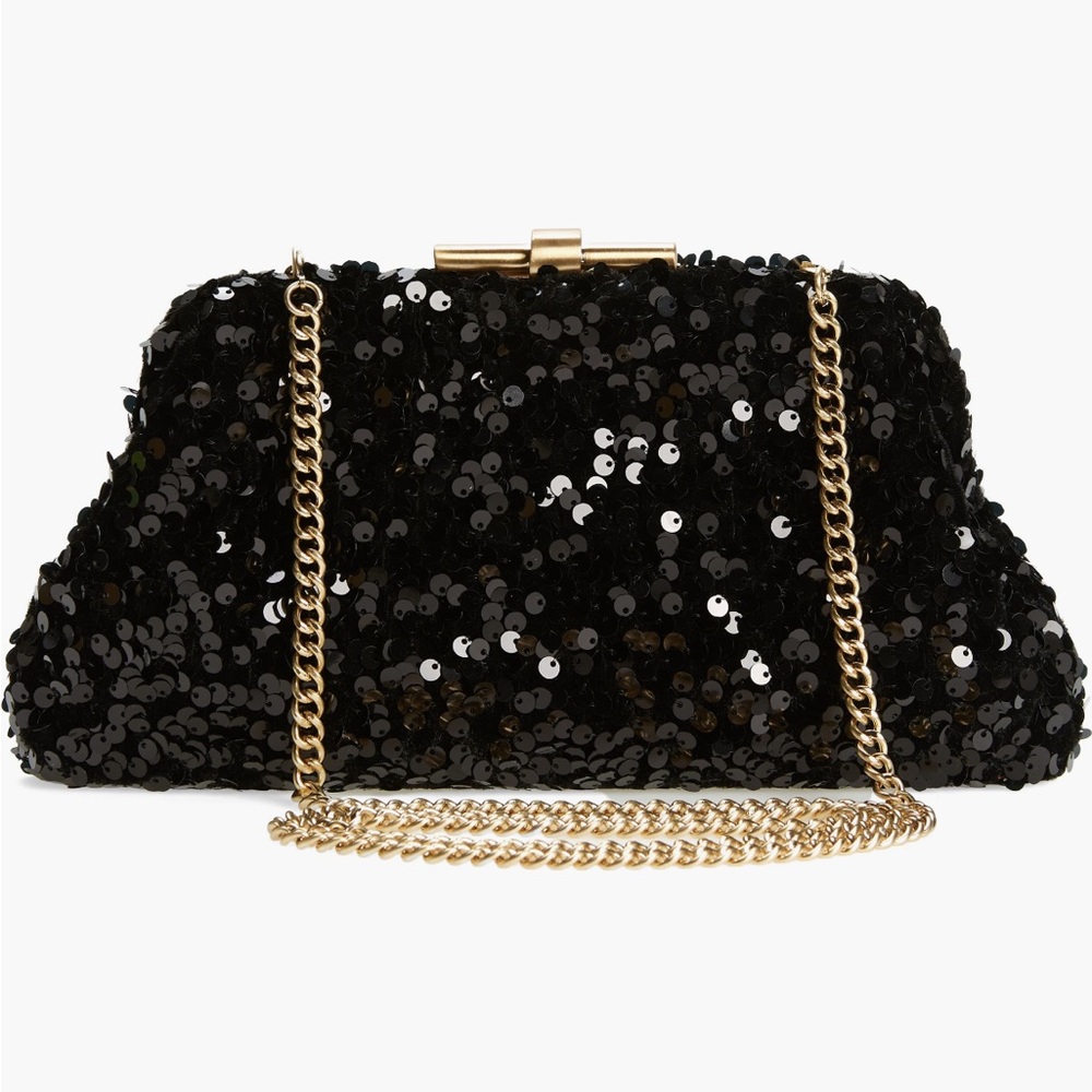 Reiss Black Sequin Shoulder Bag with Gold Chain